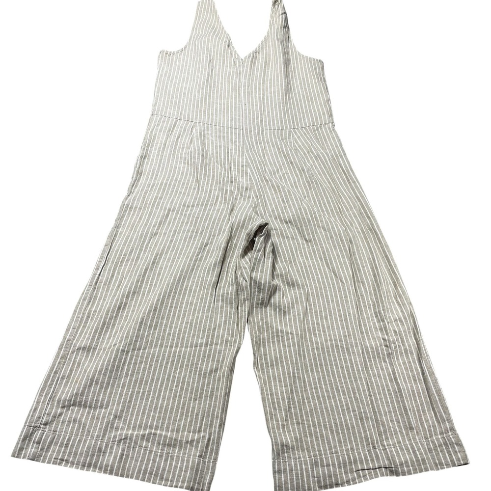 Beach Lunch Lounge Jumpsuit Womens Medium Beige Stripe Linen Wide Leg Casual
